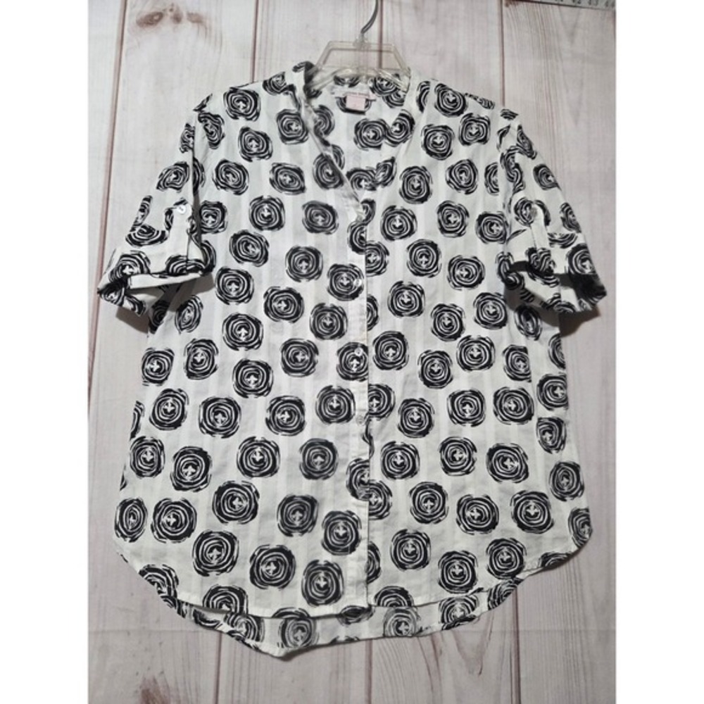 Allison Daley Womens Large White Black Abstract Rose Button Down Shirt Cotton L